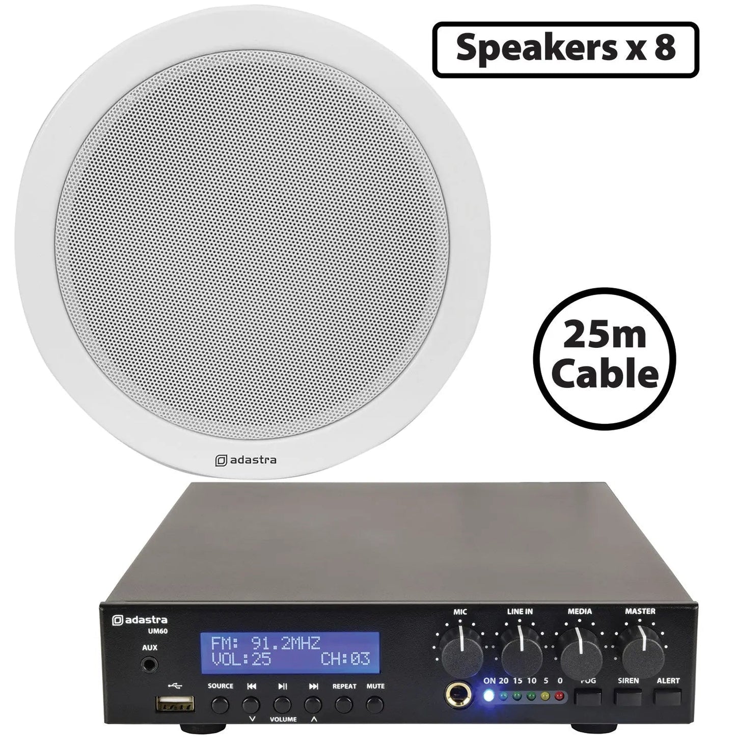 Adastra 8 x 6W Ceiling Speaker PA with 60W BT/USB Mixer-amp