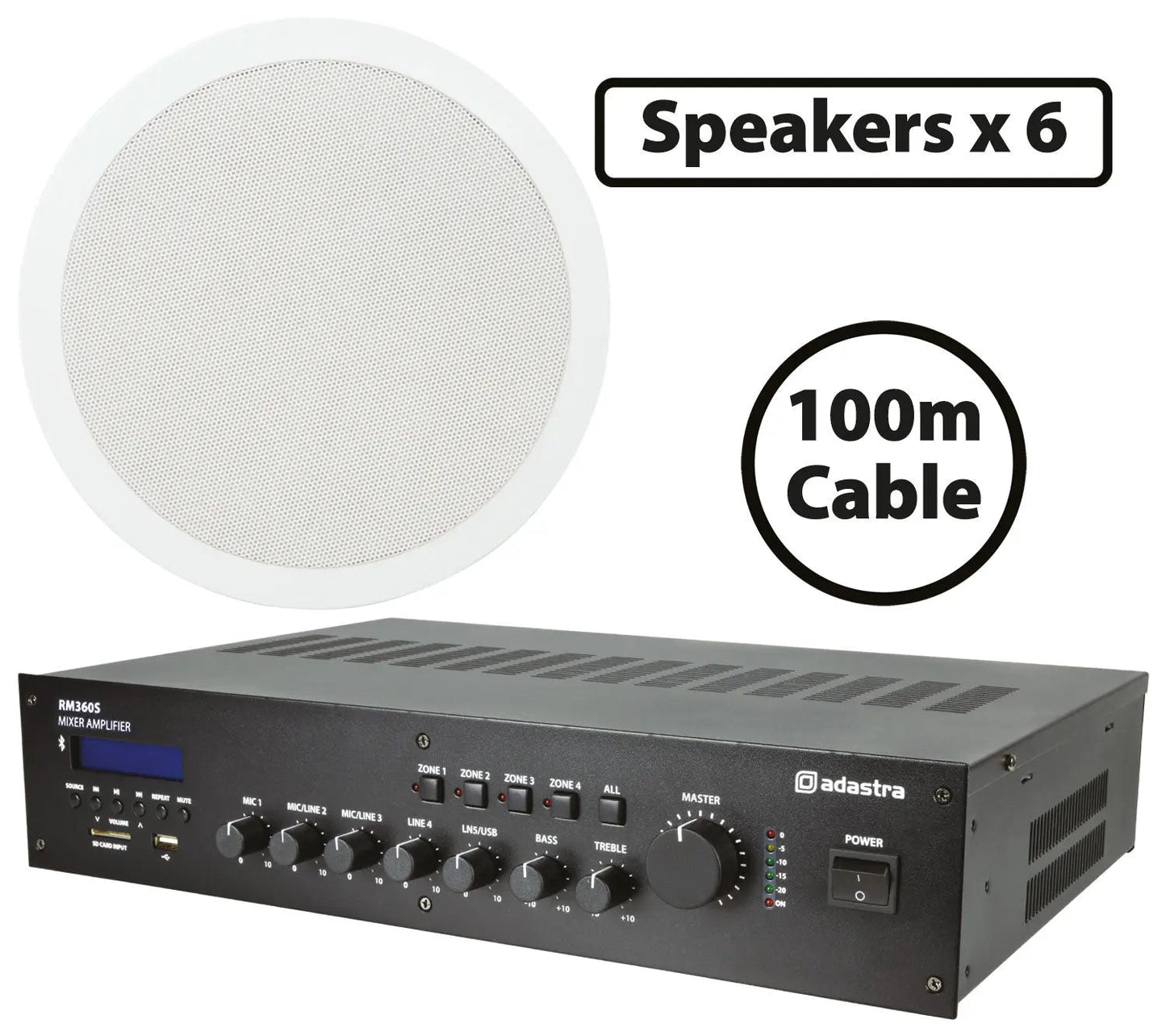 Adastra 6 x Hi Power Ceiling Speakers 8" with 360W BT/USB Mixer-amp