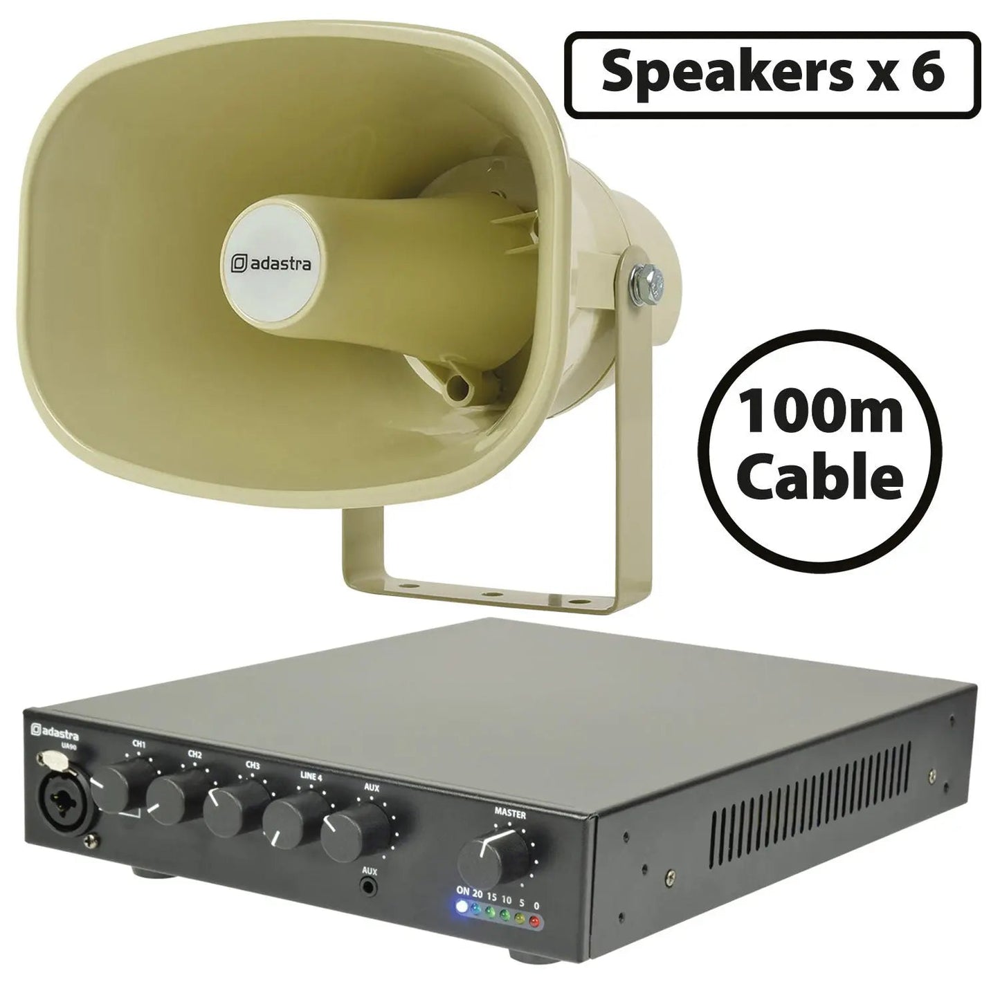 Adastra 6 x ABS Horn Speakers 15W with UA90 Mixer-amp