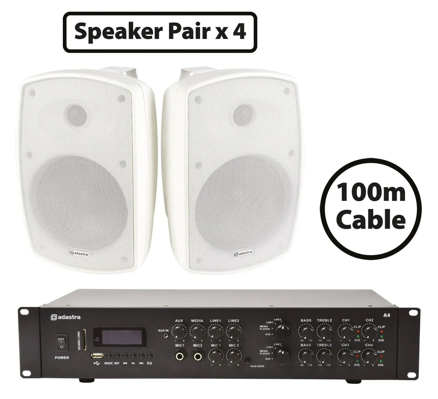 Adastra 8 x BH6-W Speakers + A4 Dual Stereo Amp Package - 2 Zone