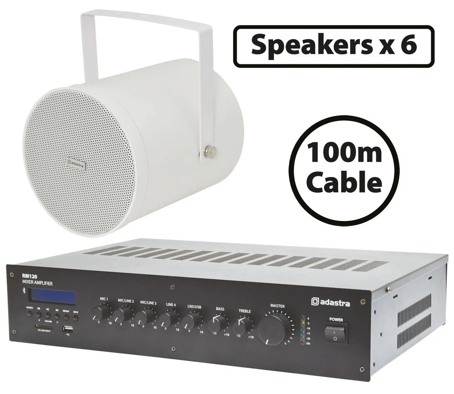 Adastra 6 x White Sound Projectors with 120W Mixer-Amp