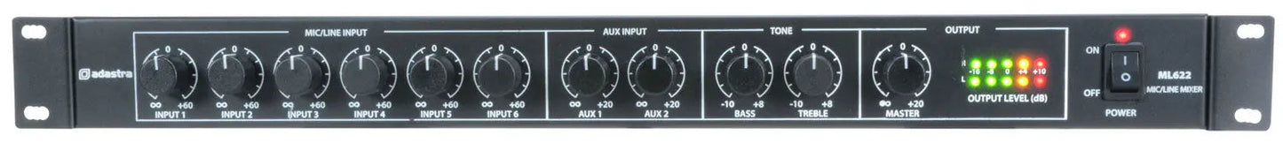 Adastra ML622 6 Mic + 2 Aux Rack Mixer 1U