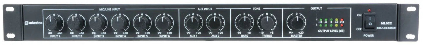 Adastra ML622 6 Mic + 2 Aux Rack Mixer 1U