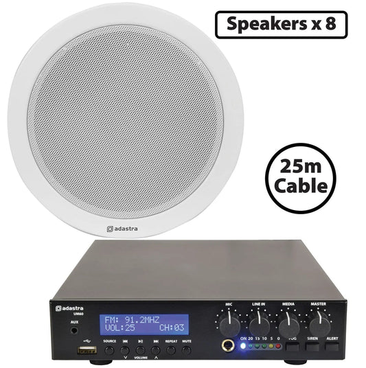 Adastra 8 x 6W Ceiling Speaker PA with 60W BT/USB Mixer-amp