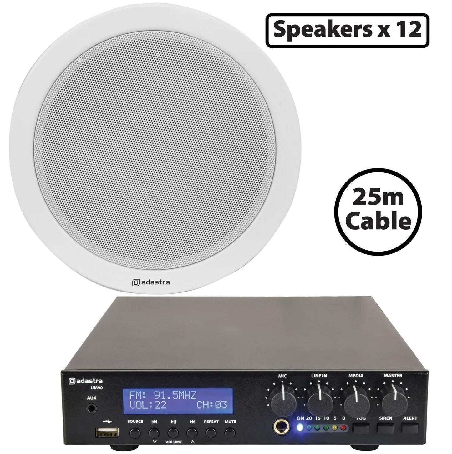 Adastra 12 x 6W Ceiling Speaker PA with 90W BT/USB Mixer-amp