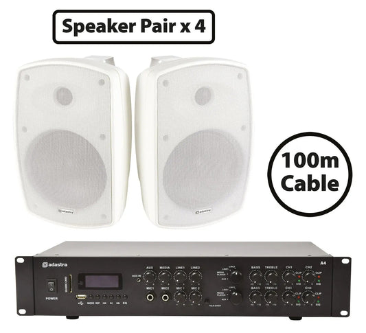 Adastra 8 x BH6-W Speakers + A4 Dual Stereo Amp Package - 2 Zone