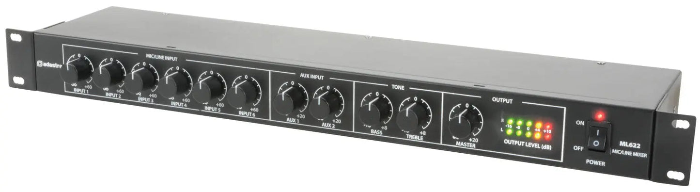 Adastra ML622 6 Mic + 2 Aux Rack Mixer 1U