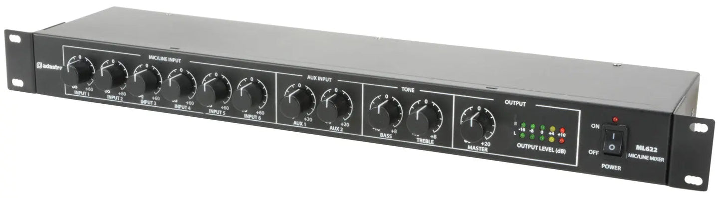 Adastra ML622 6 Mic + 2 Aux Rack Mixer 1U