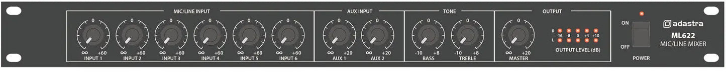 Adastra ML622 6 Mic + 2 Aux Rack Mixer 1U